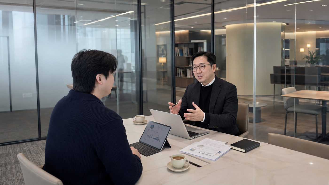 약국 입점 담당자와 제품 입점 방향을 상담하고 제안하는 모습
